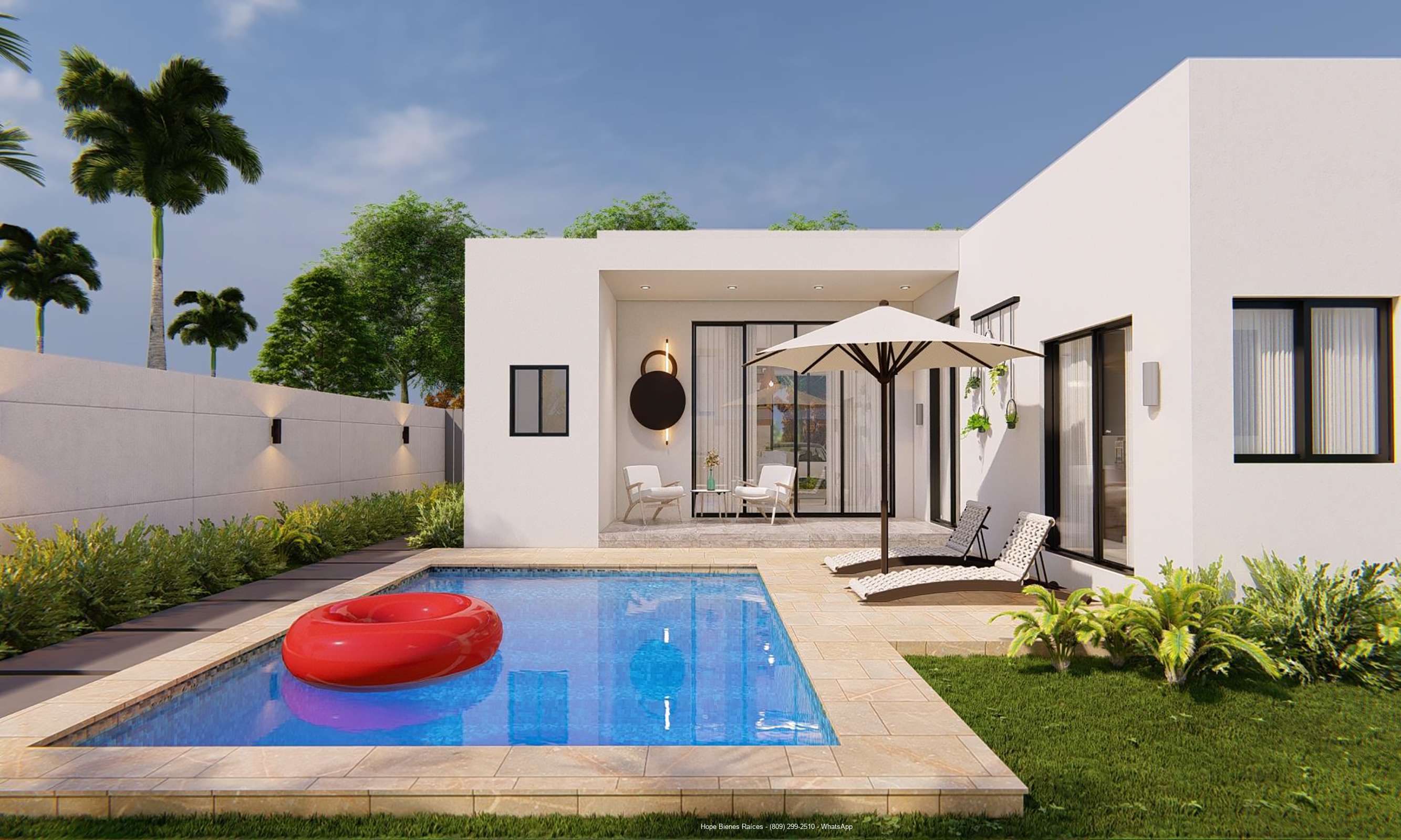 Piscina con terraza techada